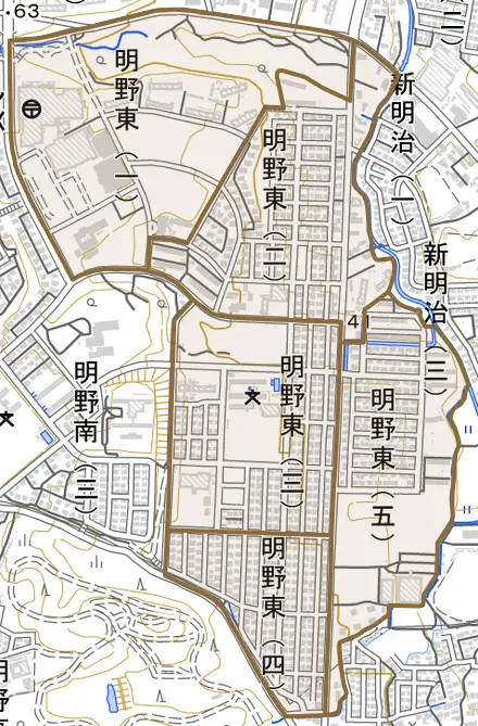 明野東とその周辺の地図。町の範囲を重ねている