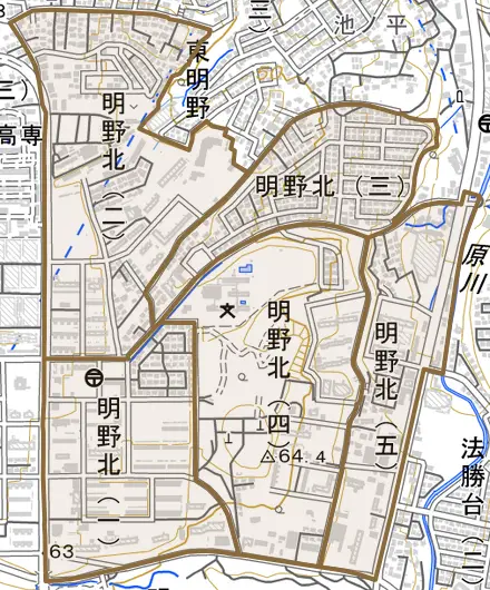 明野北とその周辺の地図。町の範囲を重ねている