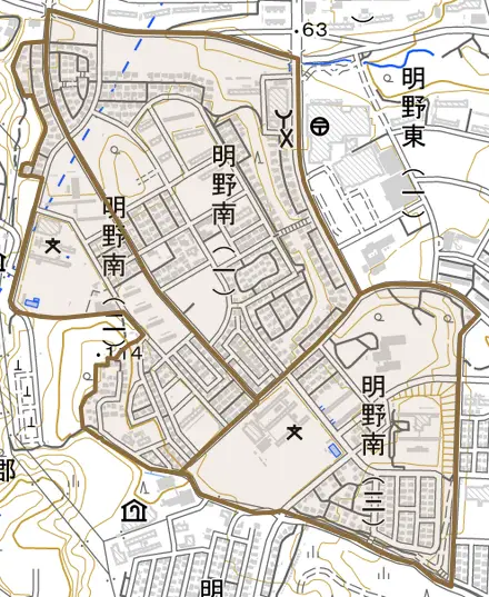 明野南とその周辺の地図。町の範囲を重ねている