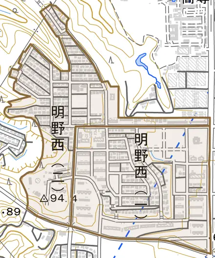 明野西とその周辺の地図。町の範囲を重ねている