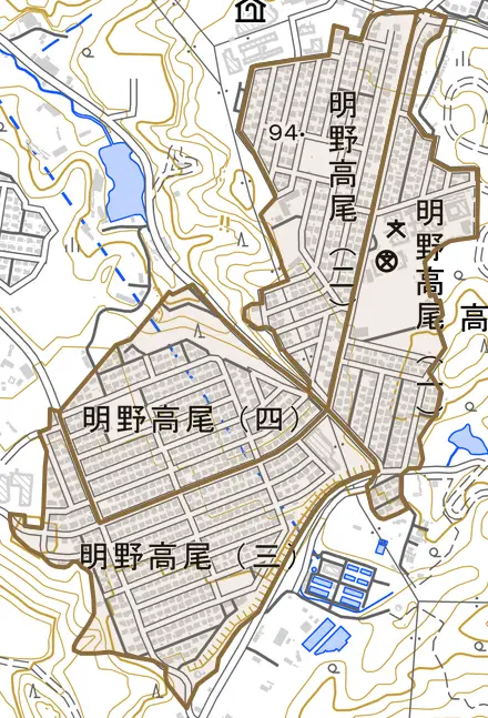 明野高尾とその周辺の地図。町の範囲を重ねている
