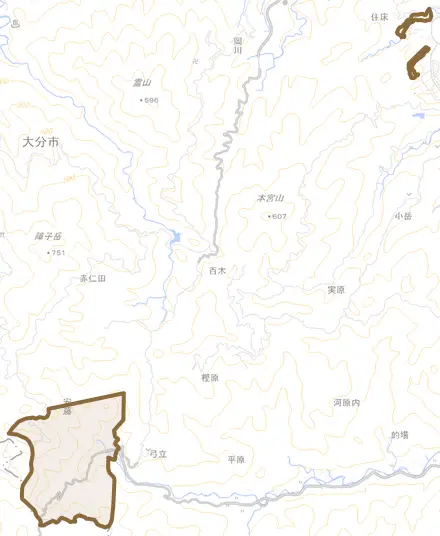 大字安藤とその周辺の地図。町の範囲を重ねている