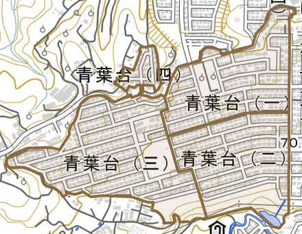 青葉台とその周辺の地図。町の範囲を重ねている