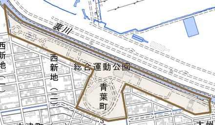 青葉町とその周辺の地図。町の範囲を重ねている