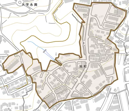 旭町とその周辺の地図。町の範囲を重ねている