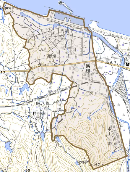 大字馬場とその周辺の地図。町の範囲を重ねている