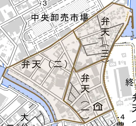 弁天とその周辺の地図。町の範囲を重ねている