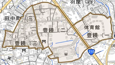 豊饒とその周辺の地図。町の範囲を重ねている