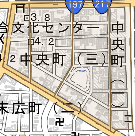 中央町とその周辺の地図。町の範囲を重ねている
