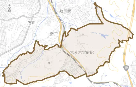 大字旦野原とその周辺の地図。町の範囲を重ねている