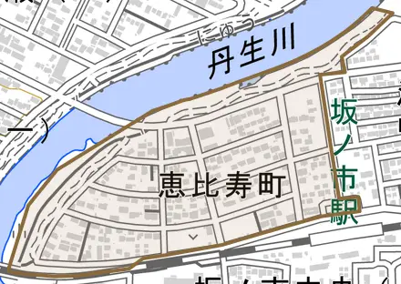 恵比寿町とその周辺の地図。町の範囲を重ねている