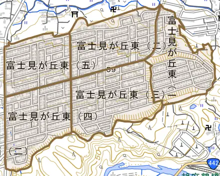 富士見が丘東とその周辺の地図。町の範囲を重ねている