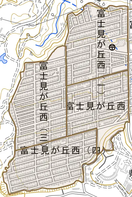 富士見が丘西とその周辺の地図。町の範囲を重ねている
