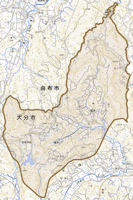 大字福宗とその周辺の地図。町の範囲を重ねている