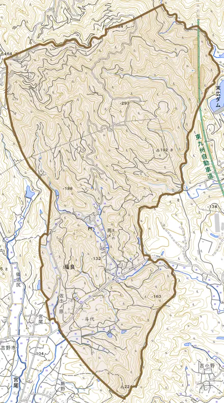 大字福良とその周辺の地図。町の範囲を重ねている