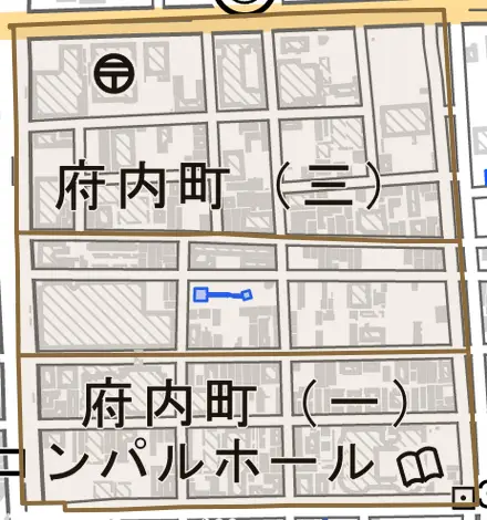 府内町とその周辺の地図。町の範囲を重ねている