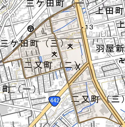 二又町とその周辺の地図。町の範囲を重ねている