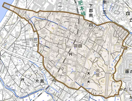 大字羽田とその周辺の地図。町の範囲を重ねている
