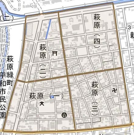萩原とその周辺の地図。町の範囲を重ねている