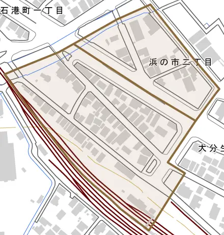 浜の市とその周辺の地図。町の範囲を重ねている