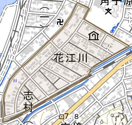 花江川とその周辺の地図。町の範囲を重ねている