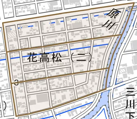 花高松とその周辺の地図。町の範囲を重ねている
