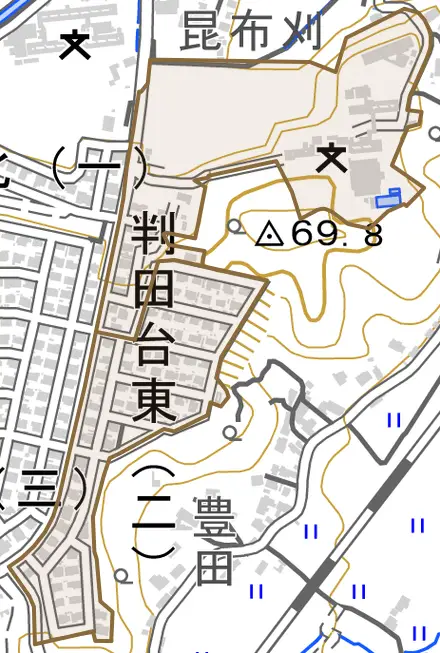 判田台東とその周辺の地図。町の範囲を重ねている