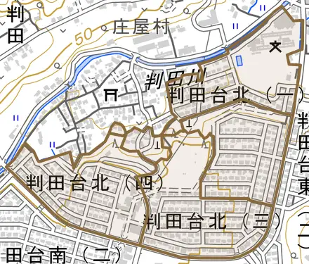判田台北とその周辺の地図。町の範囲を重ねている