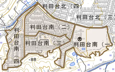 判田台南とその周辺の地図。町の範囲を重ねている