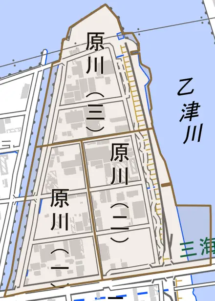 原川とその周辺の地図。町の範囲を重ねている