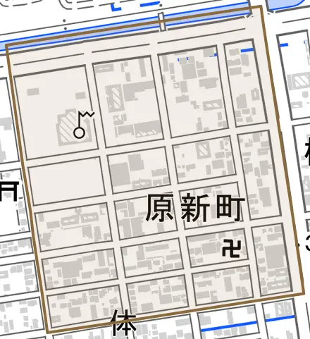 原新町とその周辺の地図。町の範囲を重ねている