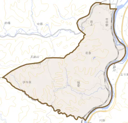 大字端登とその周辺の地図。町の範囲を重ねている