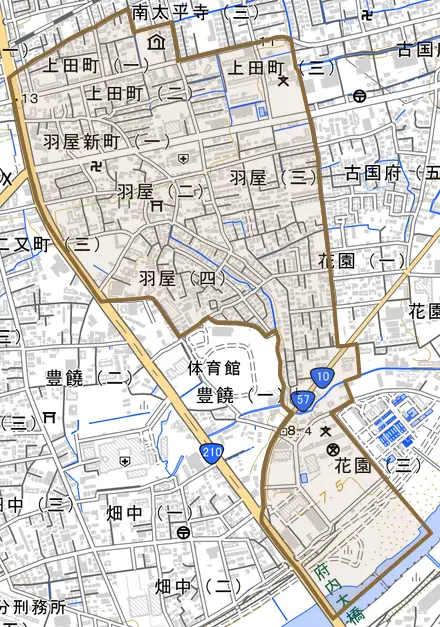 大字羽屋とその周辺の地図。町の範囲を重ねている