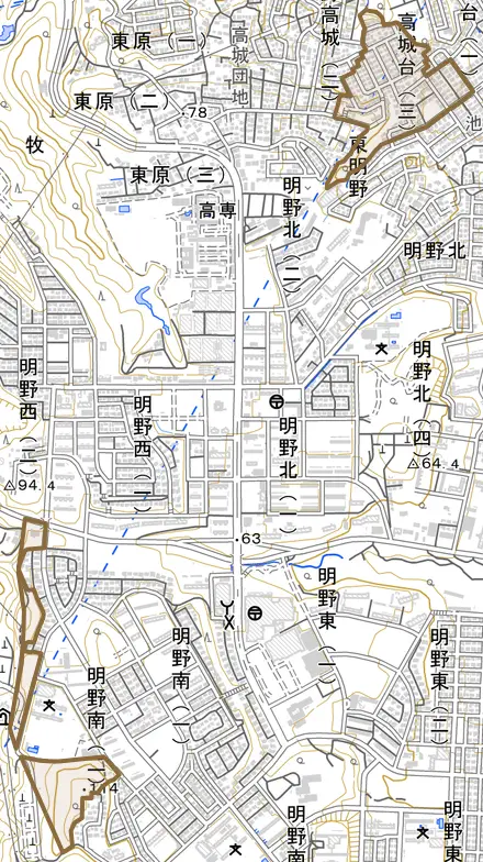大字東明野とその周辺の地図。町の範囲を重ねている