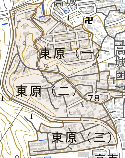 東原とその周辺の地図。町の範囲を重ねている