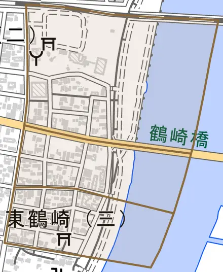 東鶴崎とその周辺の地図。町の範囲を重ねている