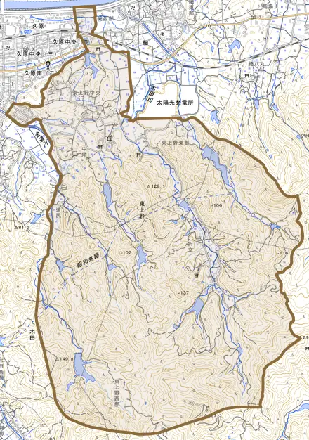 大字東上野とその周辺の地図。町の範囲を重ねている