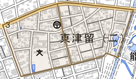 東津留とその周辺の地図。町の範囲を重ねている