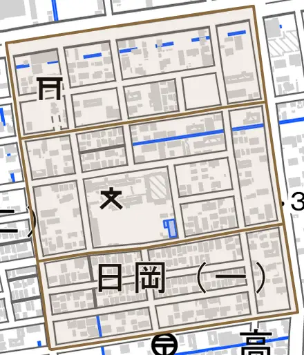 日岡とその周辺の地図。町の範囲を重ねている