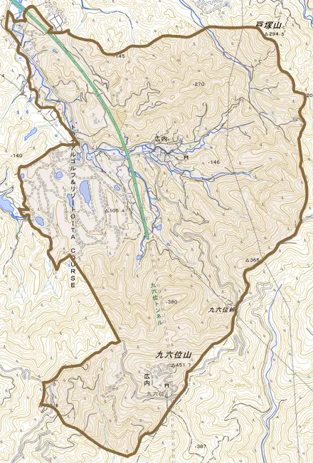 大字広内とその周辺の地図。町の範囲を重ねている