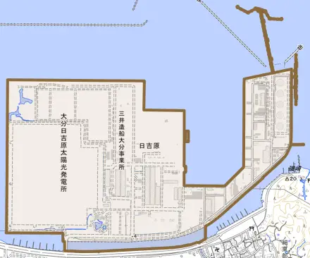 大字日吉原とその周辺の地図。町の範囲を重ねている