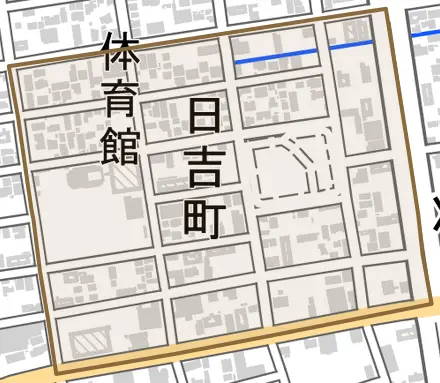 日吉町とその周辺の地図。町の範囲を重ねている