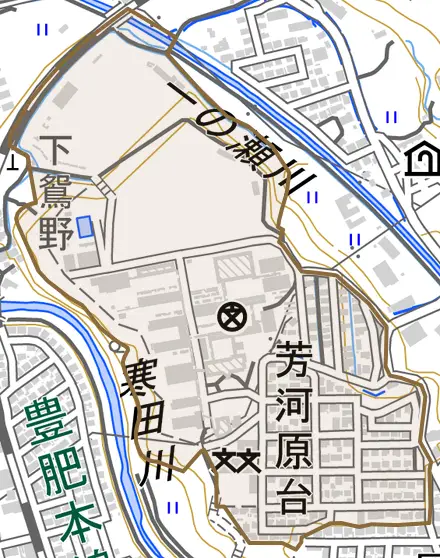 芳河原台とその周辺の地図。町の範囲を重ねている