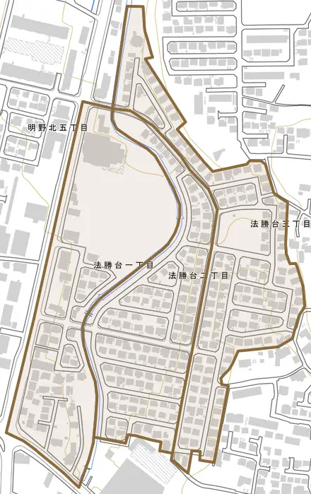 法勝台とその周辺の地図。町の範囲を重ねている