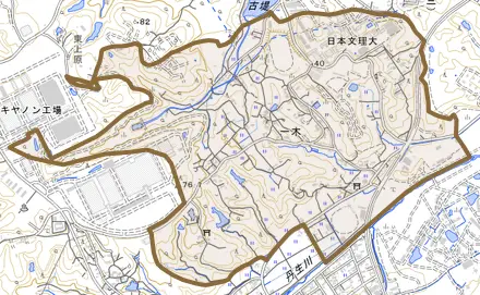 大字一木とその周辺の地図。町の範囲を重ねている