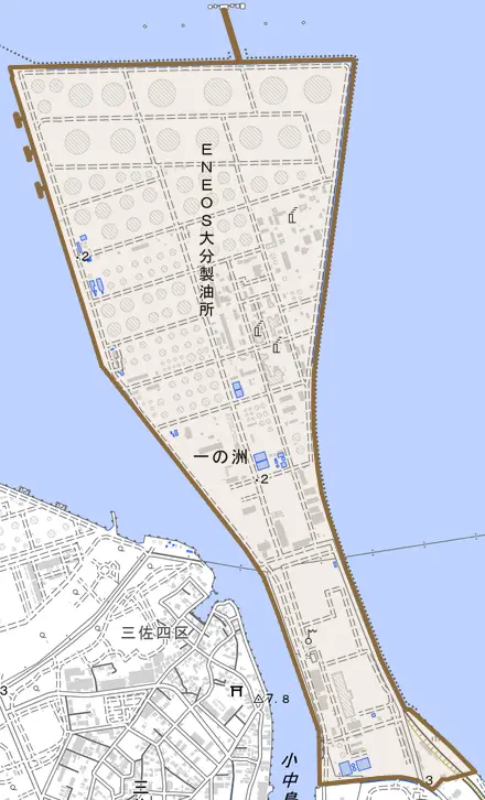 大字一の洲とその周辺の地図。町の範囲を重ねている