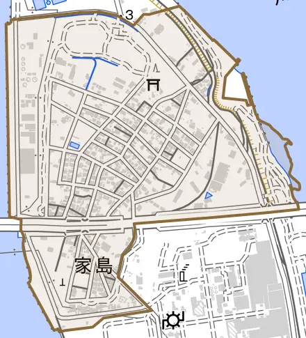 大字家島とその周辺の地図。町の範囲を重ねている
