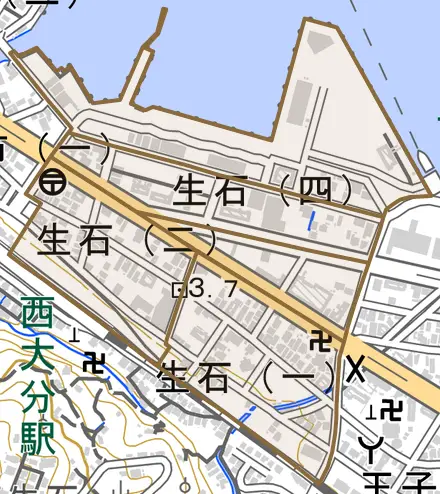 生石とその周辺の地図。町の範囲を重ねている