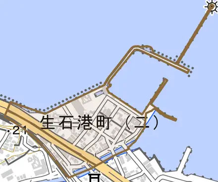 生石港町とその周辺の地図。町の範囲を重ねている