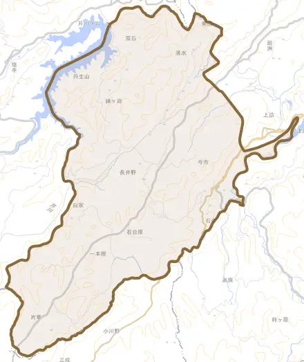 大字今市とその周辺の地図。町の範囲を重ねている